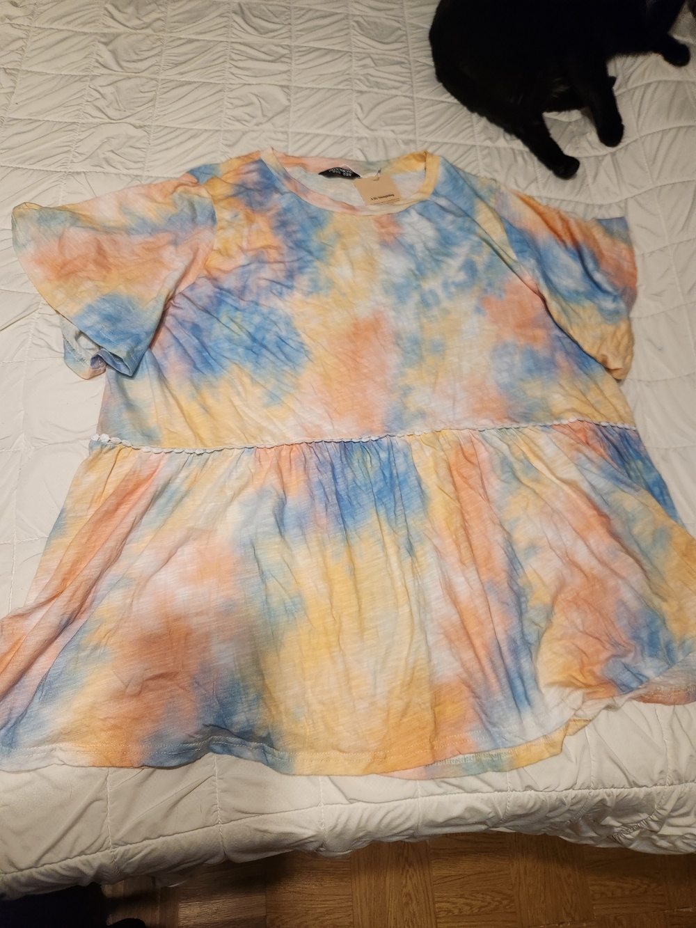 BloomChic Tie-Dye Peplum Short Sleeve Top - Blue, Pink & Yellow